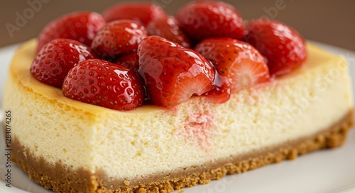 Delectable New York cheesecake slice adorned with fresh strawberry topping photo