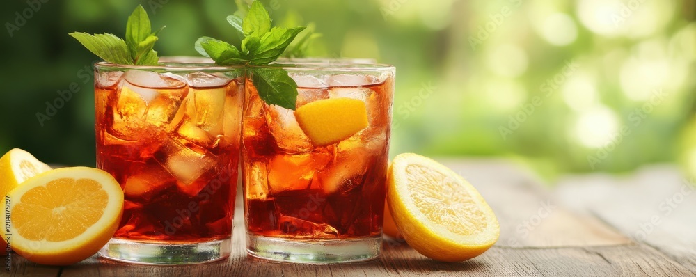 Refreshing iced tea with lemon and mint on wooden table in sunlit garden Refreshing iced tea with lemon and mint on wooden table in sunlit garden