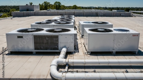 White large industrial air conditioning system on the roof of a commercial building