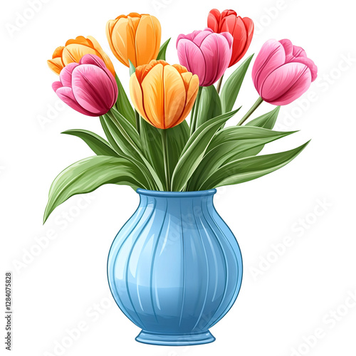 A bouquet of pink and orange tulips in a blue vase. photo