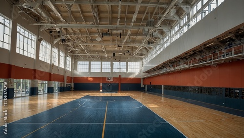 Expansive modern gymnasium interior featuring high ceilings and large ventilation duct