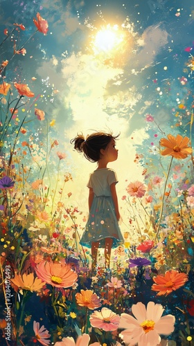 Little Girl Enjoying a Sunny Day in a Vibrant Flower Field During Golden Hour