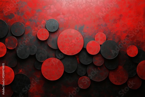 Abstract Red and Black Circular Patterns on a Textured Surface in a Modern De...