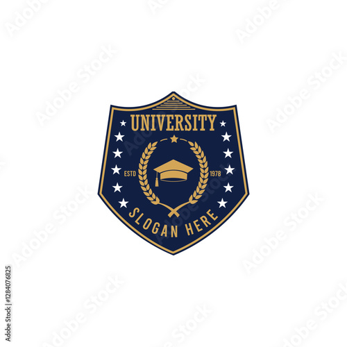 Classic University Logo with a Shield and Graduation Cap Icon Vector Badge