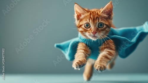 A playful kitten dressed as a superhero, wearing a blue cape and appearing to leap through the air. The image symbolizes energy, fun, imagination, and the whimsical idea of pets as heroes photo