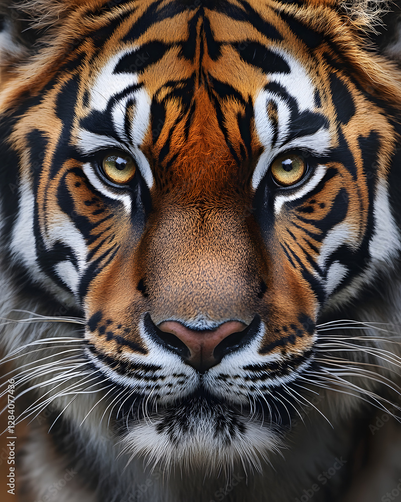 Fototapeta premium Tiger face portrait, looking straight into the camera, symmetrical composition, extreme close-up