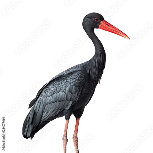 A close-up of a black stork with distinctive red legs and beak.