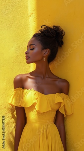 Woman in Yellow Dress Posing Against Vibrant Yellow Wall in a Sunny Outdoor L...
