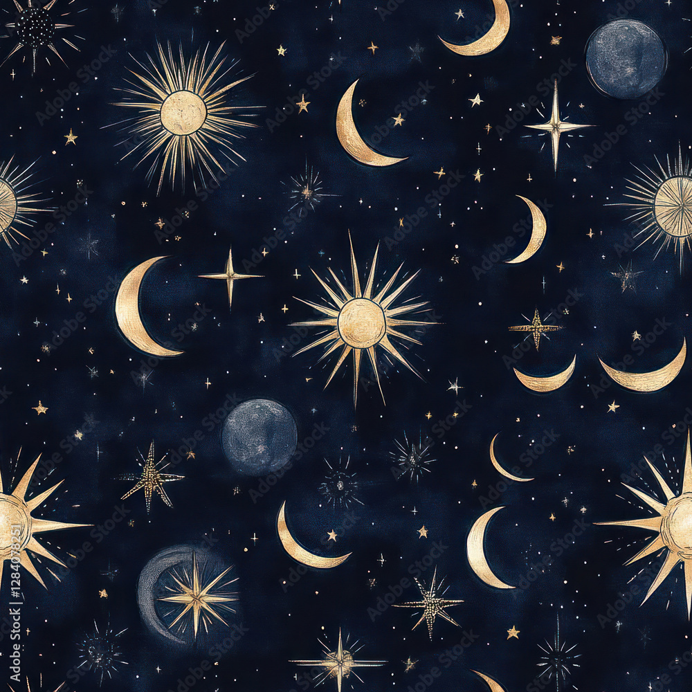 Fototapeta premium Celestial Night Sky Pattern, Gold Suns Moons Stars, Seamless Textile Design