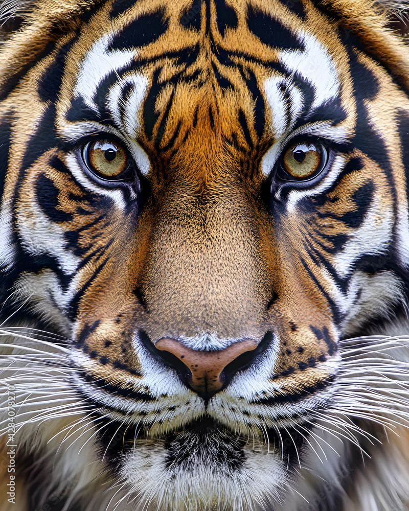 Fototapeta premium Tiger face portrait, looking straight into the camera, symmetrical composition, extreme close-up