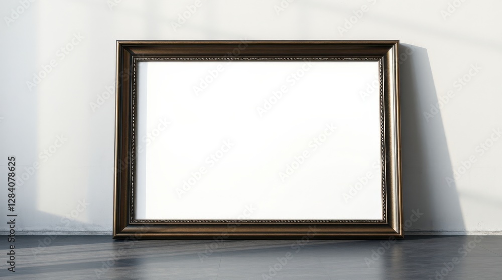 An ornate bronze frame rests on a floor against a white wall, catching sunlight, providing a sense of calm. An ornate bronze frame rests on a floor against a white wall, catching sunlight, providing a sense of calm.
