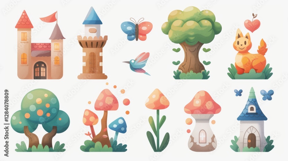 Obraz premium Charming Fantasy Village Elements with Castle, Butterfly, Tree, Cat, and Colorful Mushrooms for Creative Projects