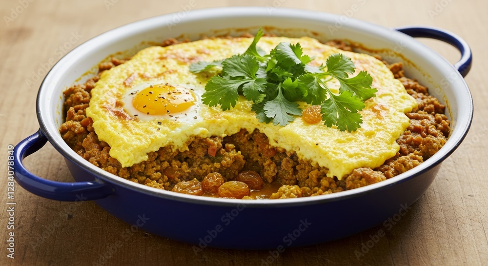 Traditional South African bobotie, A savory spiced meat dish with creamy egg topping Traditional South African bobotie, A savory spiced meat dish with creamy egg topping