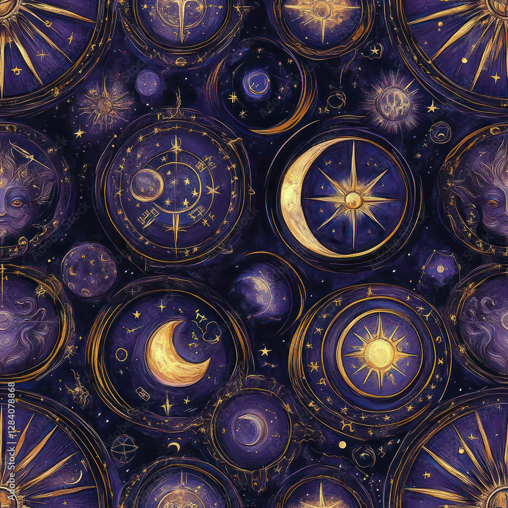 Naklejka premium Celestial Pattern Moons, Stars, Constellations, Night Sky, Seamless Design, Fabric Print