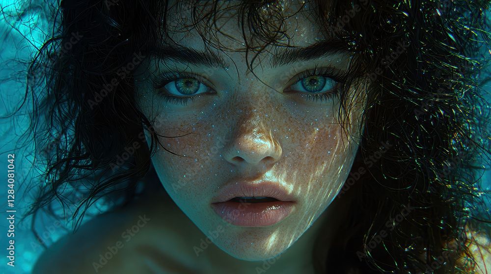Stunning close-up portrait of a woman with golden freckles under dreamy lighting against a deep sapphire blue backdrop Stunning close-up portrait of a woman with golden freckles under dreamy lighting against a deep sapphire blue backdrop