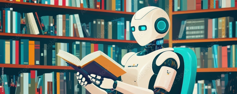 Futuristic robot reading book in library surrounded by bookshelves and colorful books Futuristic robot reading book in library surrounded by bookshelves and colorful books