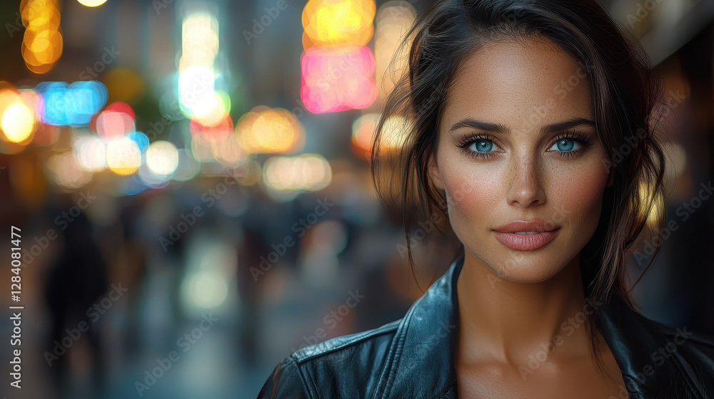 Strong determined woman in leather jacket stands boldly in neon-lit urban environment, exuding confidence and cinematic energy at night Strong determined woman in leather jacket stands boldly in neon-lit urban environment, exuding confidence and cinematic energy at night