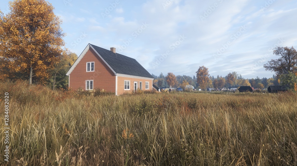 Autumn house countryside landscape, rural village background, idyllic scene