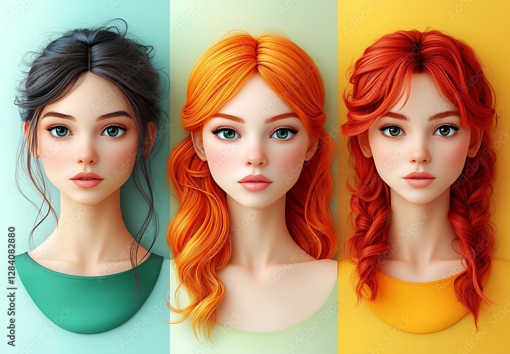Obraz premium Three Women with Vibrant Hair Colors Against Colorful Backgrounds
