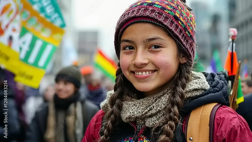 A young girl at a rally, showcasing determination and hope for social change. A young girl at a rally, showcasing determination and hope for social change.