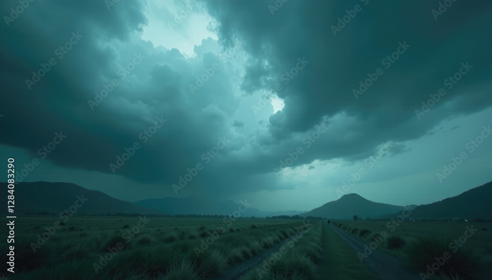 Obraz premium Stormy weather wraps the world in a somber gray haze, nature's fury, overcast sky,