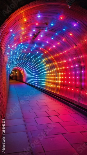Colorful Illuminated Tunnel With Vibrant Lights Creates a Stunning Visual Exp...