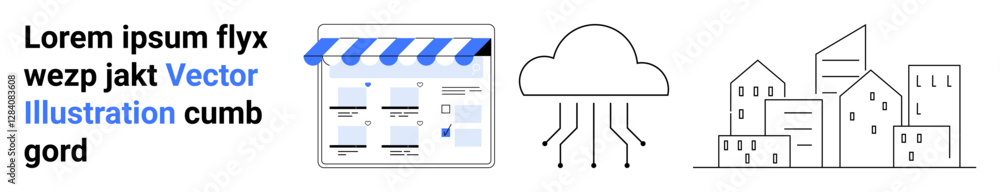 Website layout, cloud computing with data links, and cityscape. Ideal for technology integration, data storage, urban planning, web development, digital services, smart cities cloud infrastructure Website layout, cloud computing with data links, and cityscape. Ideal for technology integration, data storage, urban planning, web development, digital services, smart cities cloud infrastructure