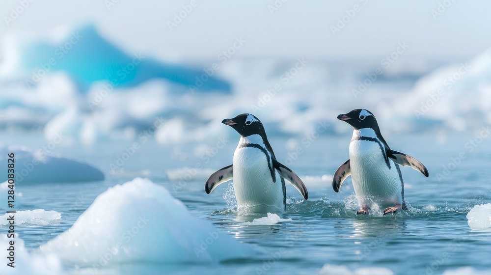 Fototapeta premium Gentoo penguins swimming together antarctic waters wildlife photography icy environment close-up perspective