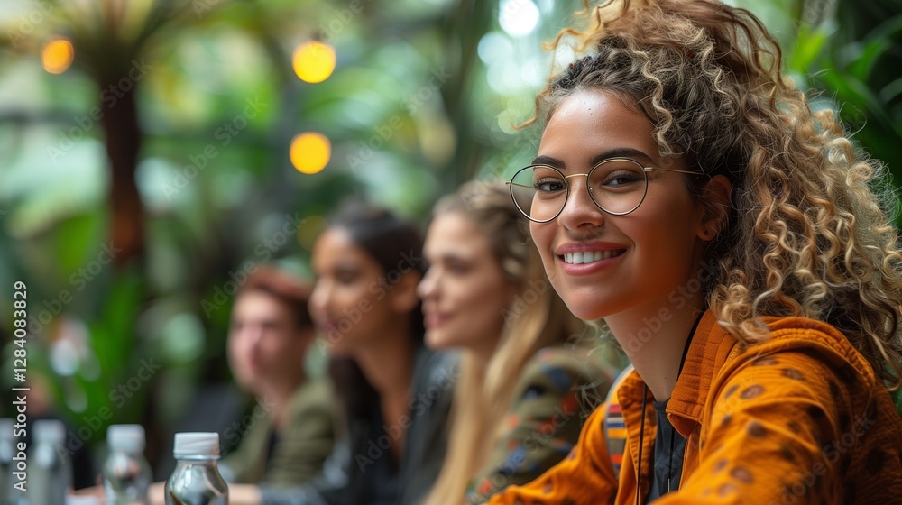 A cheerful group of friends with curly hair smiling in a lush green cafe surrounded by plants and warm lighting creating joy A cheerful group of friends with curly hair smiling in a lush green cafe surrounded by plants and warm lighting creating joy