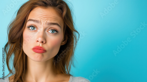 Thoughtful expression with pouty lips against turquoise background. Social media and beauty blogs
