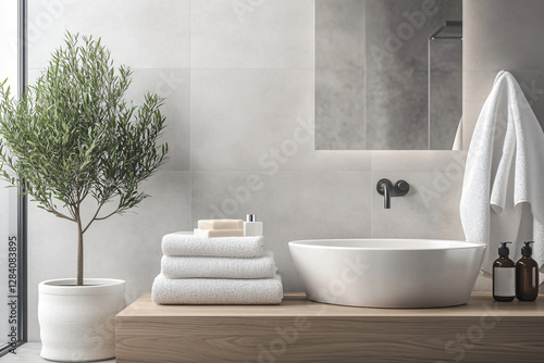 Modern minimalist bathroom interior with countertop sink and plant.