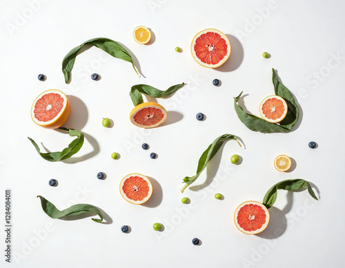 Wallpaper Mural Grapefruit, Berries, and Leaves: A Vibrant Summer Still Life Torontodigital.ca