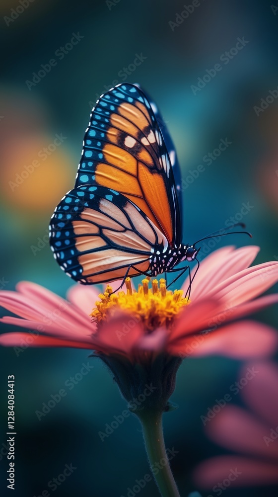Obraz premium Colorful Butterfly Perched on a Vibrant Flower in a Serene Garden During Daylight Hours