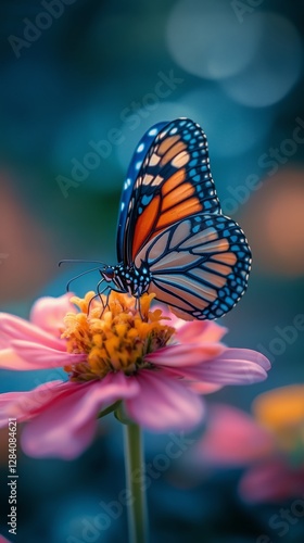 Colorful Butterfly Perched on a Vibrant Flower in a Serene Garden During Dayl...