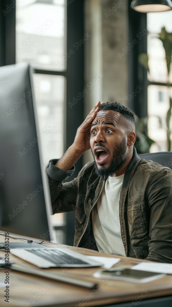 Fototapeta premium Surprised office worker reacts to unexpected news on computer