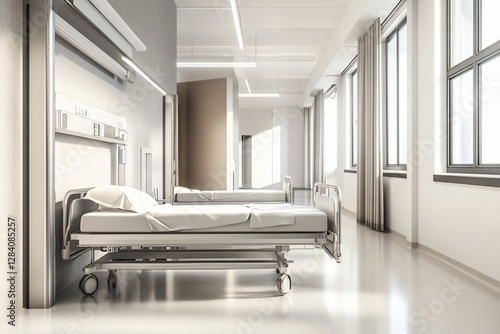Sterile hospital room interior featuring two beds in a clean, medical environment for patient care., Hygienic clinic ward featuring beds in a sanitized healthcare interior space for therapeutic use.