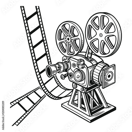 Vintage cinema movie-making camera drawing line art vector art design