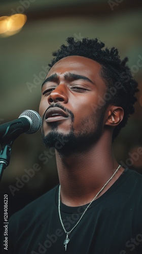 Singer Passionately Performing on Stage at an Outdoor Event in the Evening