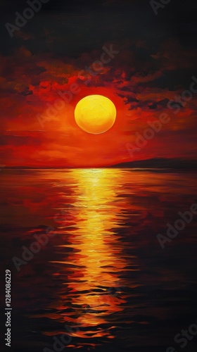 Vibrant Sunset Over Calm Ocean Water With Glowing Reflection
