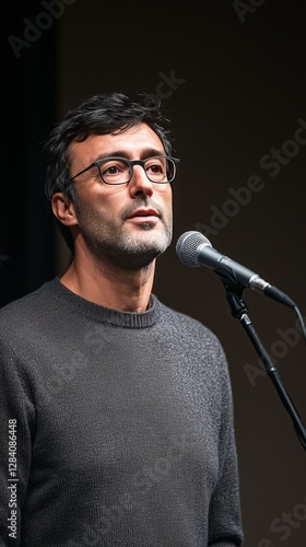 Singer Passionately Performing on Stage at an Outdoor Event in the Evening