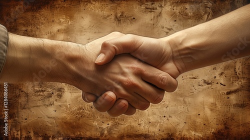 Two hands firmly shaking against a textured brown background symbolizing trust agreement and partnership in a warm setting