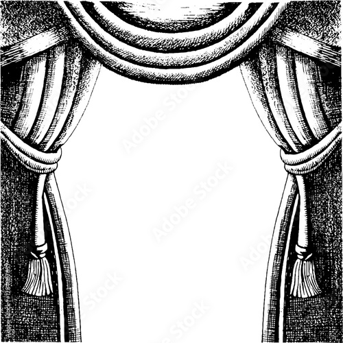 A black-and-white vector illustration of theatrical curtains, gracefully draped and parted to reveal an empty stage or space. The curtains feature elegant folds and a classic, symmetrical design