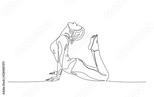 Continuous line drawing of woman practice yoga. Yoga pose in simple outline illustration.
