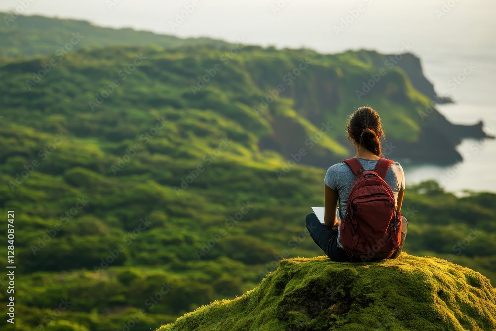 Serene Traveler Enjoying Scenic View on Mossy Rock in Nature Serene Traveler Enjoying Scenic View on Mossy Rock in Nature