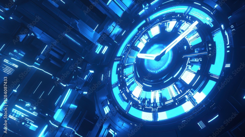 Futuristic neon blue cyber clock in a sci-fi setting with glowing technology Futuristic neon blue cyber clock in a sci-fi setting with glowing technology