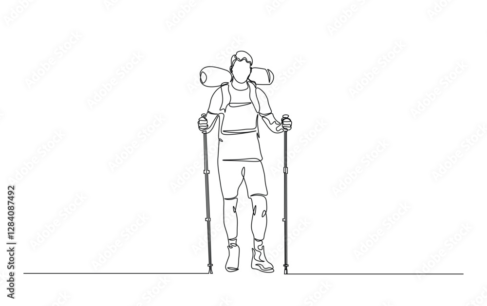 Continuous line drawing of travelers walking with backpacks and trekking poles. Travelers in simple outline illustration. Continuous line drawing of travelers walking with backpacks and trekking poles. Travelers in simple outline illustration.