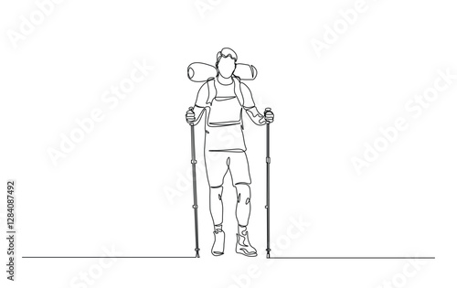 Continuous line drawing of travelers walking with backpacks and trekking poles. Travelers in simple outline illustration.