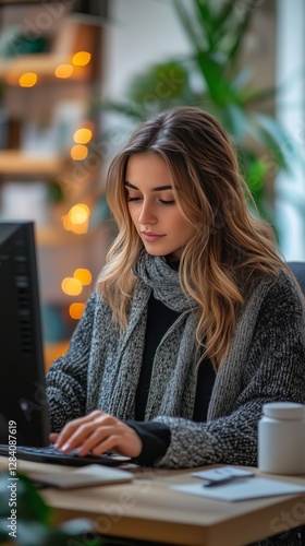 Woman Working on Computer in Cozy Indoor Setting With Ambient Lighting and Pl...
