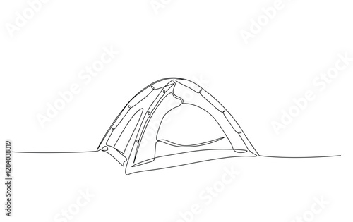 Continuous line drawing of canvas camp tent. Camping tent in simple outline illustration.