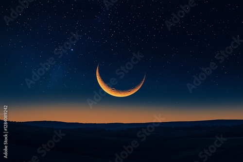 Crescent Moon Illuminates the Night Sky Over a Tranquil Landscape at Dusk